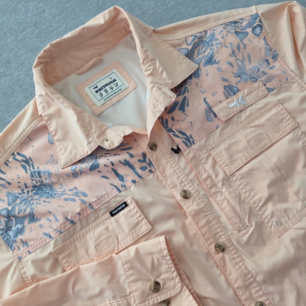 KastKing Mens Long Sleeve Fishing Shirt Peach Blue Graphic Vented Mesh Back L